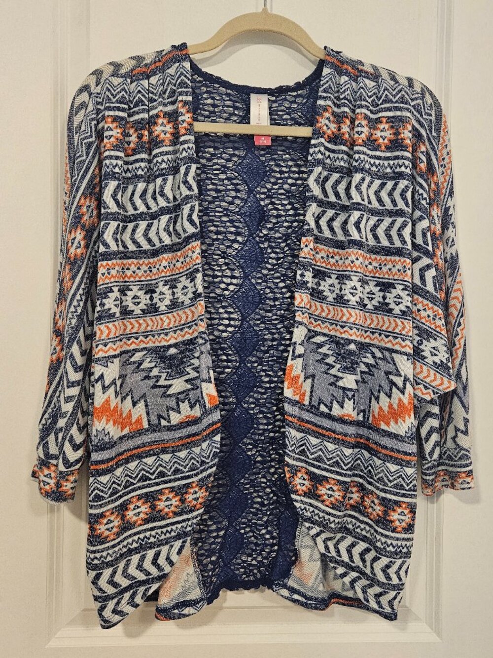 No Boundaries Aztec Print Crochet Back Cardigan M (7-9) Boho Festival Kimono